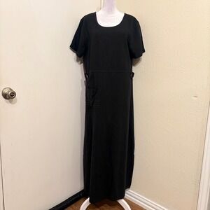 Black Linen Blend Maxi Dress House Dress Short Sleeve Pocket Lagenlook Sz 10